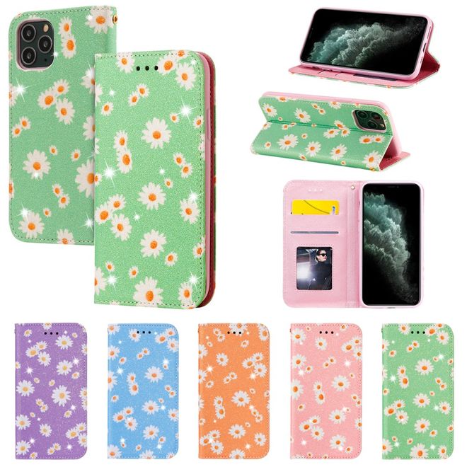 Étui pour iPhone 11 Pro - Couverture en cuir pailleté à motif floral - Vert