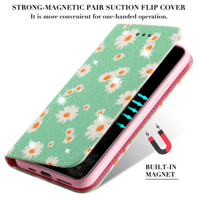 Étui pour iPhone 11 Pro - Couverture en cuir pailleté à motif floral - Vert