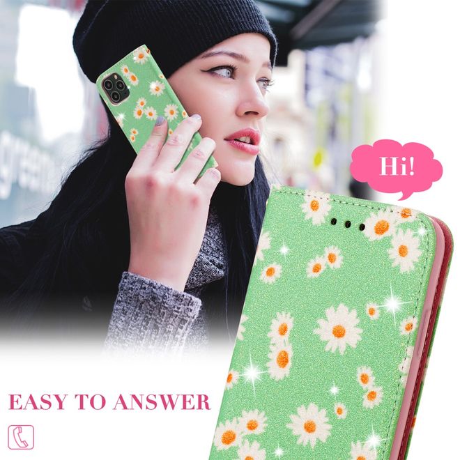 Étui pour iPhone 11 Pro - Couverture en cuir pailleté à motif floral - Vert