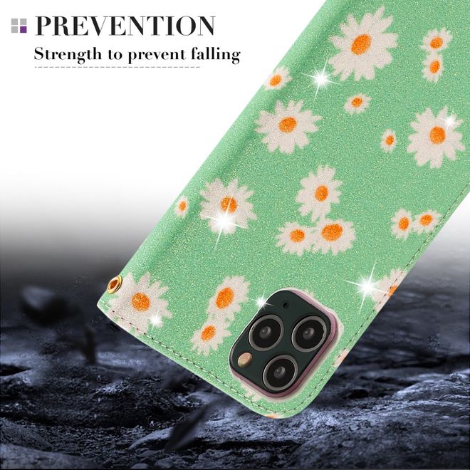 Étui pour iPhone 11 Pro - Couverture en cuir pailleté à motif floral - Vert