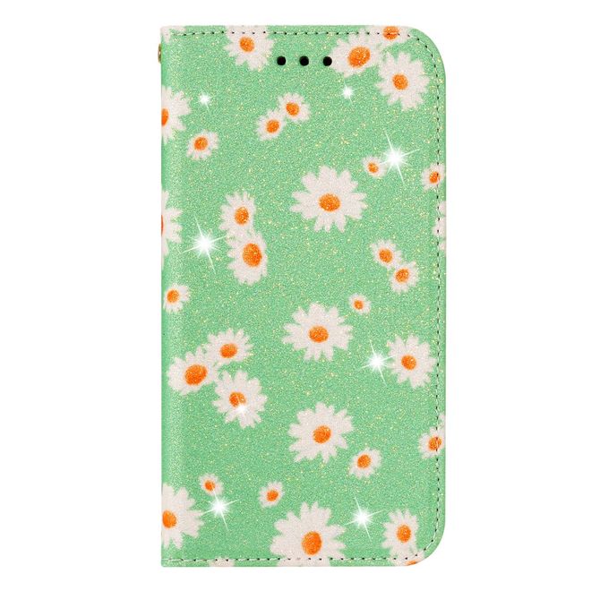 Étui pour iPhone 11 Pro - Couverture en cuir pailleté à motif floral - Vert