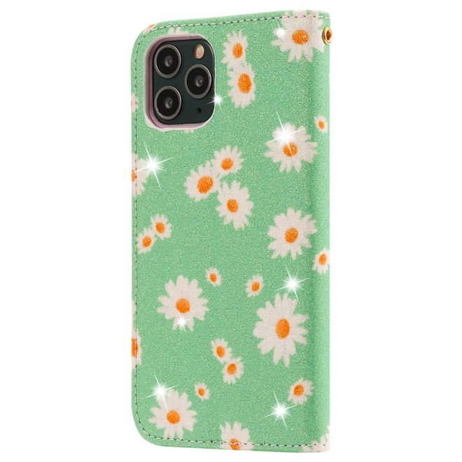 Étui pour iPhone 11 Pro - Couverture en cuir pailleté à motif floral - Vert
