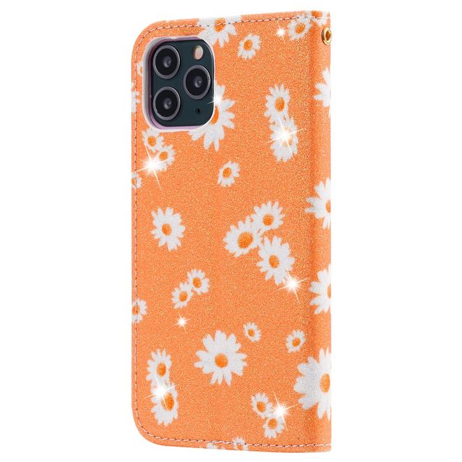 Étui pour iPhone 11 Pro - Couverture en cuir pailleté à motif floral - Orange