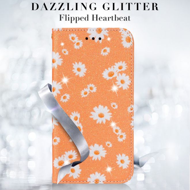 Étui pour iPhone 11 Pro - Couverture en cuir pailleté à motif floral - Orange
