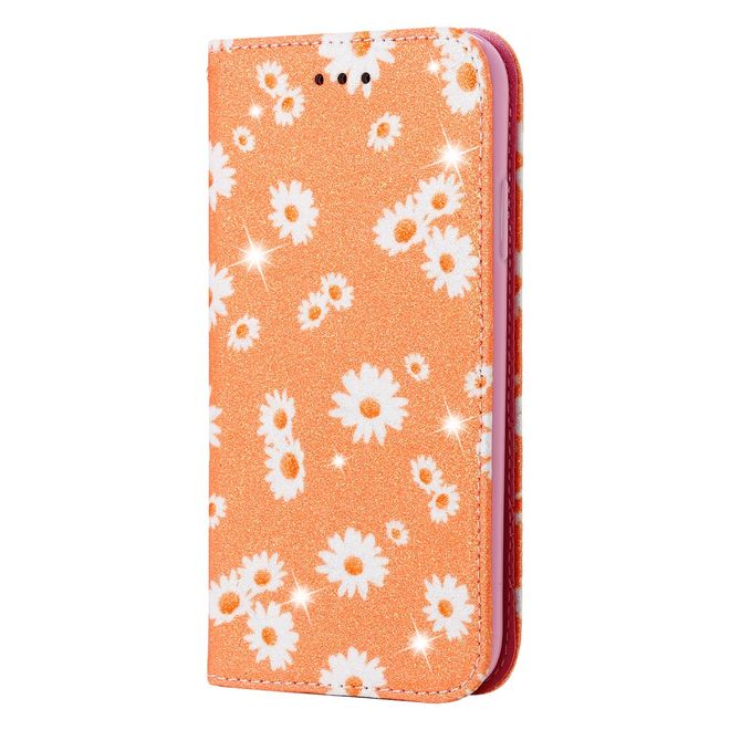 Étui pour iPhone 11 Pro - Couverture en cuir pailleté à motif floral - Orange