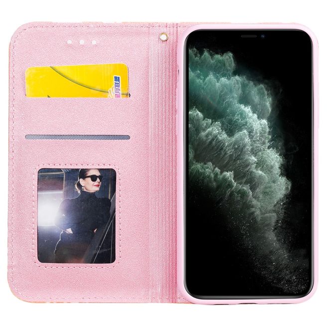 Étui pour iPhone 11 Pro - Couverture en cuir pailleté à motif floral - Orange