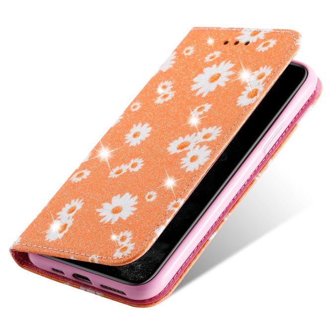 Étui pour iPhone 11 Pro - Couverture en cuir pailleté à motif floral - Orange