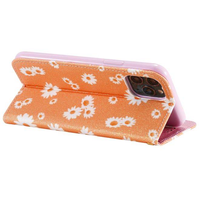 Étui pour iPhone 11 Pro - Couverture en cuir pailleté à motif floral - Orange