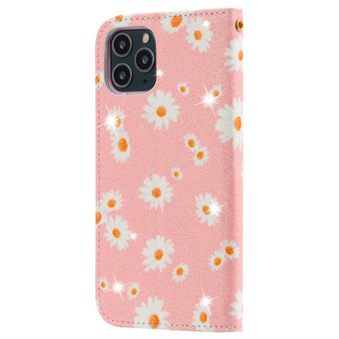 iPhone 11 Pro Case - Glittering Leather Book Cover with Flowers - Pink