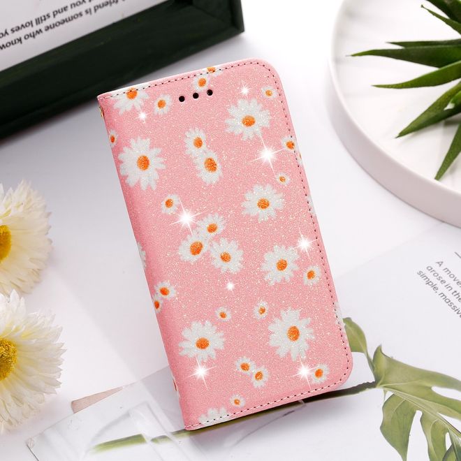 iPhone 11 Pro Case - Glittering Leather Book Cover with Flowers - Pink