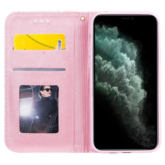 iPhone 11 Pro Case - Glittering Leather Book Cover with Flowers - Pink