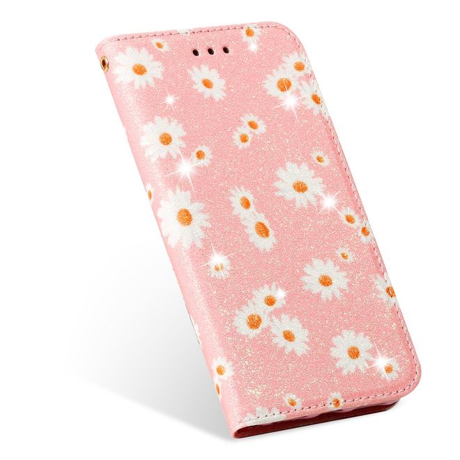 iPhone 11 Pro Case - Glittering Leather Book Cover with Flowers - Pink