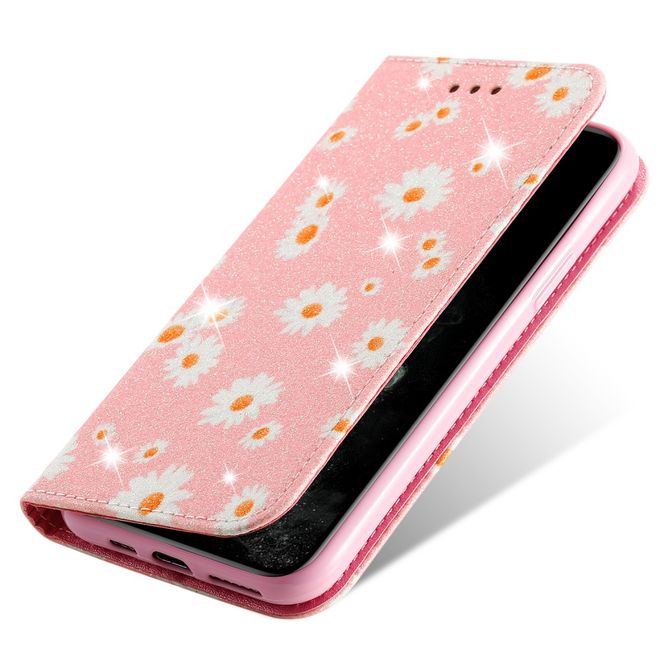iPhone 11 Pro Case - Glittering Leather Book Cover with Flowers - Pink