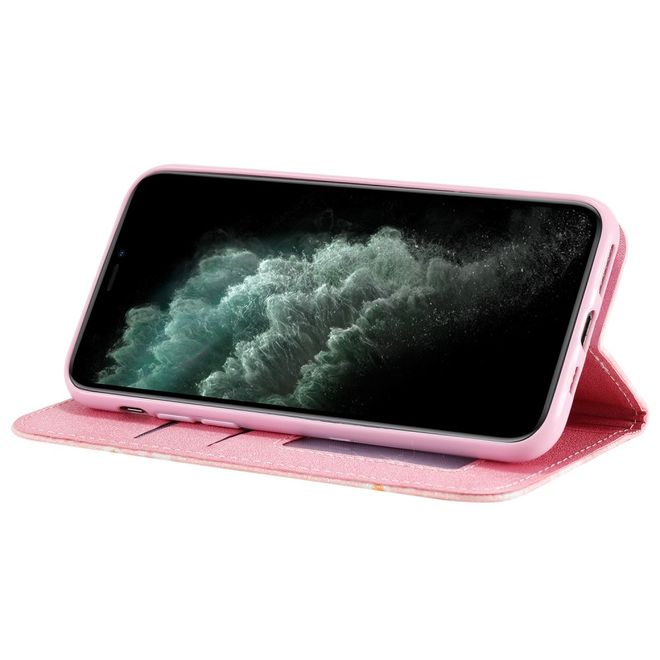 iPhone 11 Pro Case - Glittering Leather Book Cover with Flowers - Pink