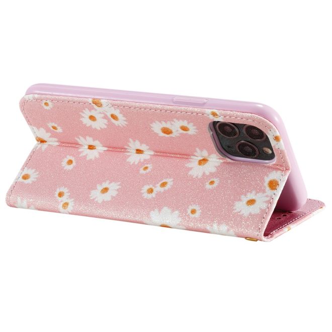 iPhone 11 Pro Case - Glittering Leather Book Cover with Flowers - Pink