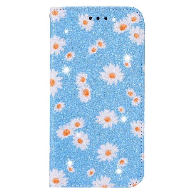 iPhone 11 Pro Case - Glittering Leather Book Cover with Flowers - Blue