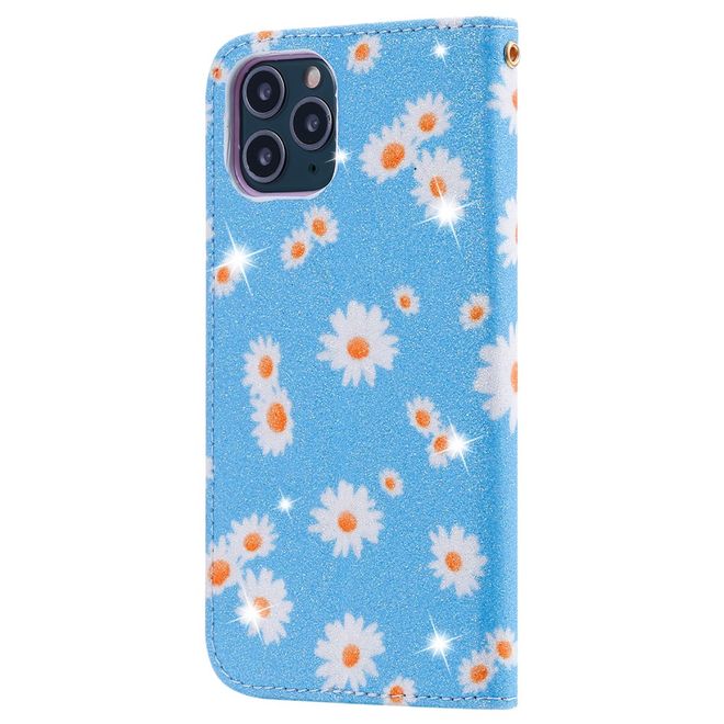 iPhone 11 Pro Case - Glittering Leather Book Cover with Flowers - Blue