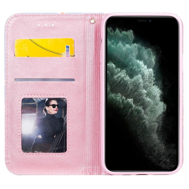 iPhone 11 Pro Case - Glittering Leather Book Cover with Flowers - Blue