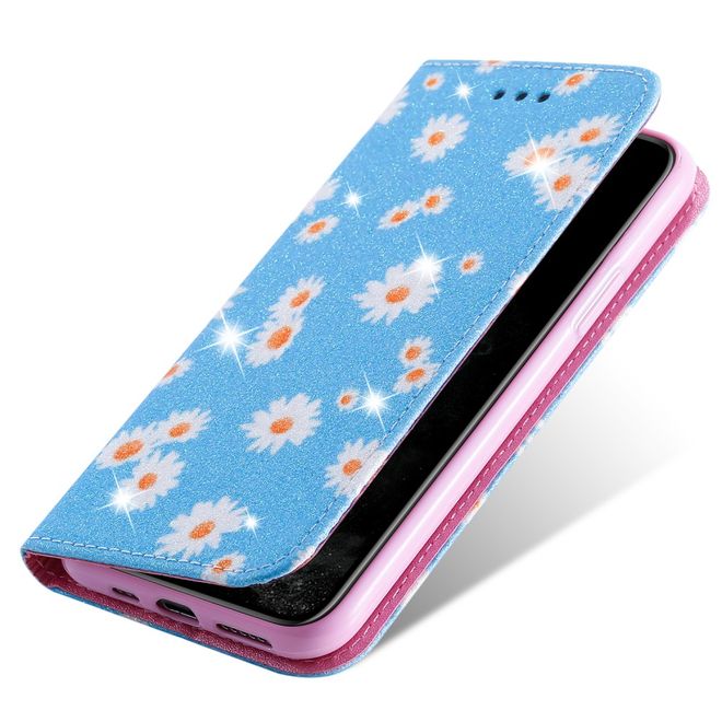 iPhone 11 Pro Case - Glittering Leather Book Cover with Flowers - Blue