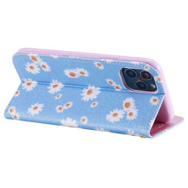 iPhone 11 Pro Case - Glittering Leather Book Cover with Flowers - Blue