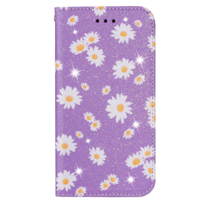 Étui pour iPhone 11 Pro - Couverture en cuir pailleté à motif floral - Violet