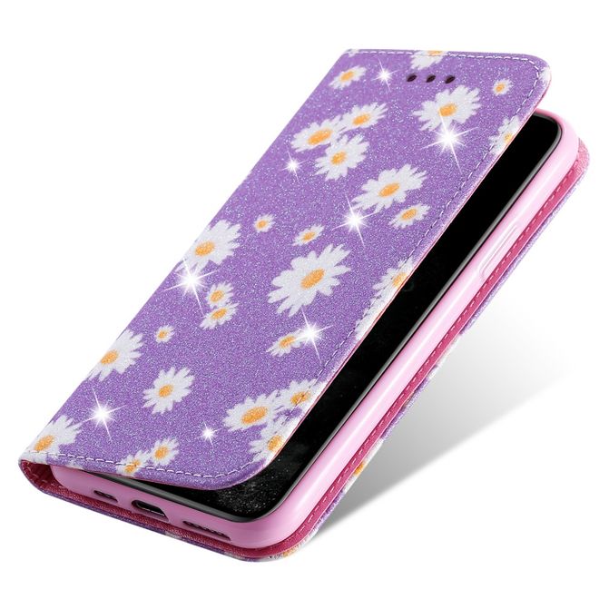Étui pour iPhone 11 Pro - Couverture en cuir pailleté à motif floral - Violet