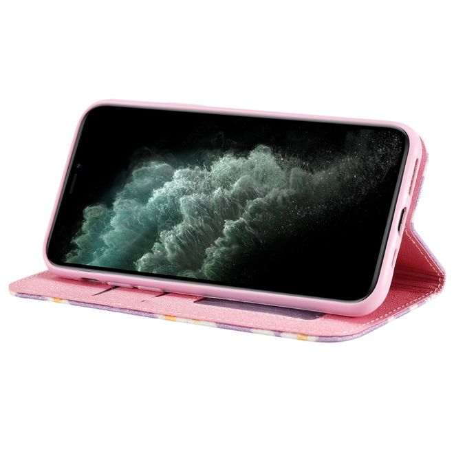 Étui pour iPhone 11 Pro - Couverture en cuir pailleté à motif floral - Violet