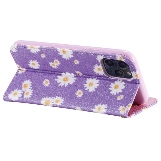 Étui pour iPhone 11 Pro - Couverture en cuir pailleté à motif floral - Violet