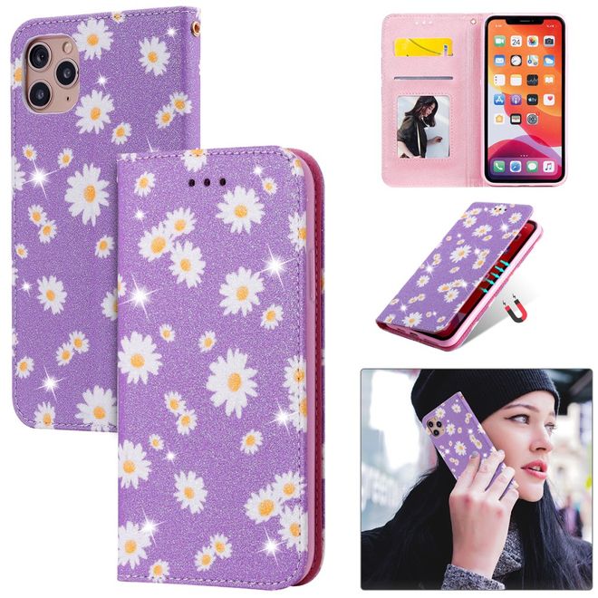 iPhone 11 Pro Max Case - Glittering Leather Book Cover with Flowers - Purple