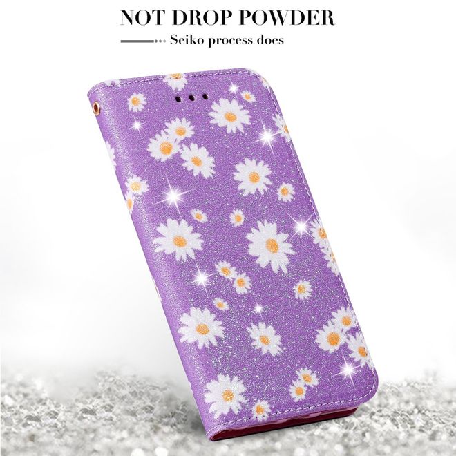 iPhone 11 Pro Max Case - Glittering Leather Book Cover with Flowers - Purple