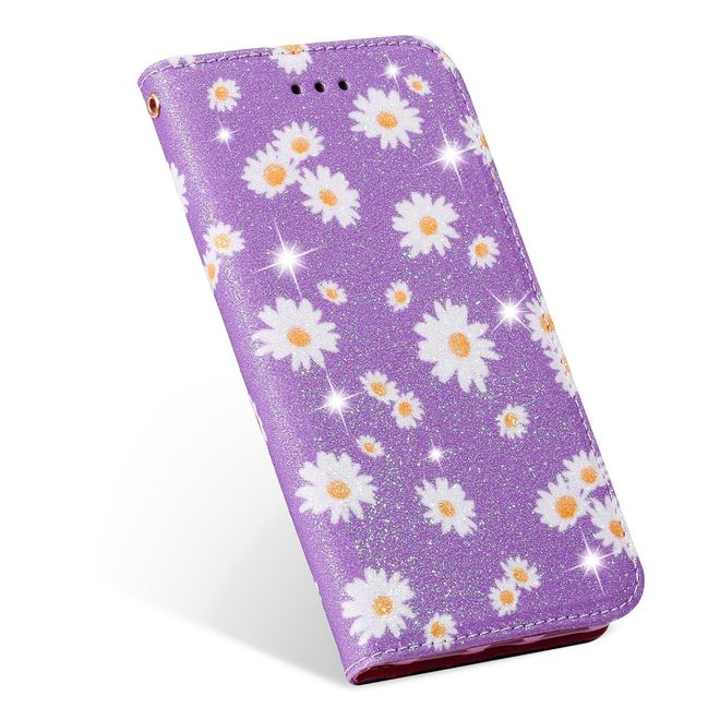 iPhone 11 Pro Max Case - Glittering Leather Book Cover with Flowers - Purple