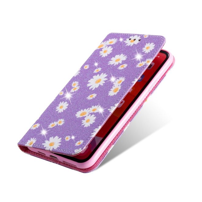 iPhone 11 Pro Max Case - Glittering Leather Book Cover with Flowers - Purple