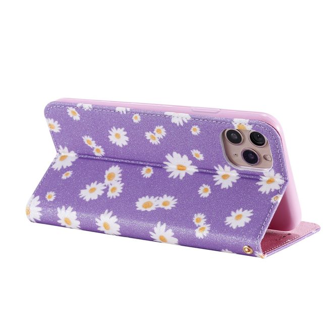 iPhone 11 Pro Max Case - Glittering Leather Book Cover with Flowers - Purple
