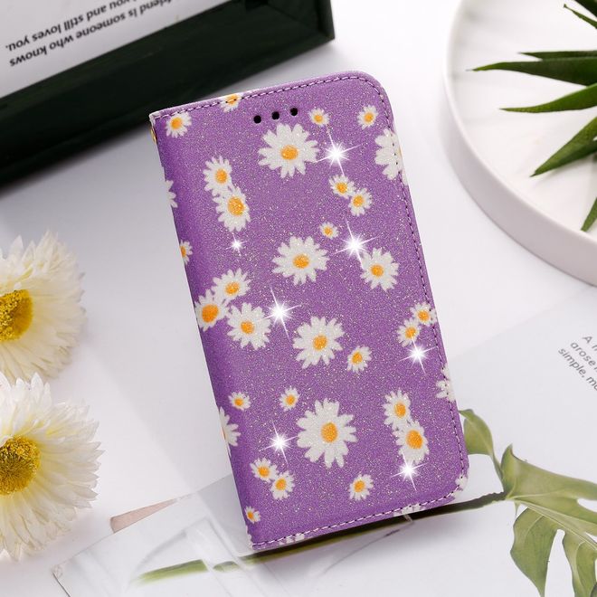 iPhone 11 Pro Max Case - Glittering Leather Book Cover with Flowers - Purple