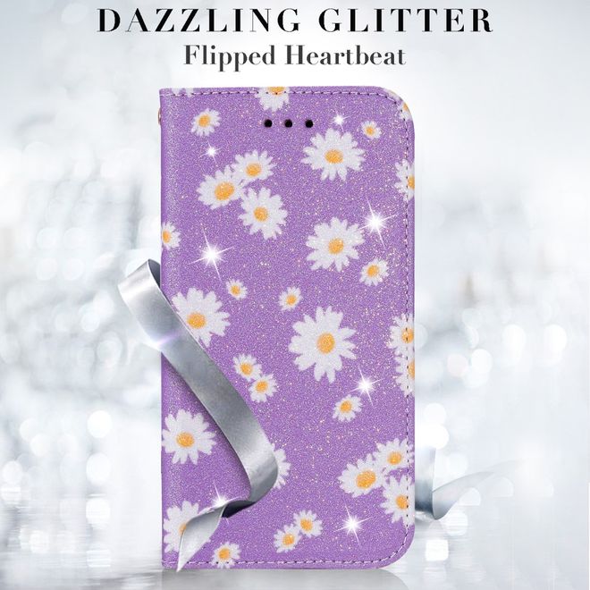 iPhone 11 Pro Max Case - Glittering Leather Book Cover with Flowers - Purple