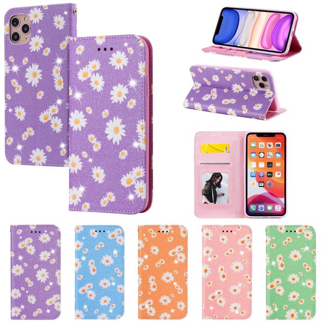 iPhone 11 Pro Max Case - Glittering Leather Book Cover with Flowers - Purple