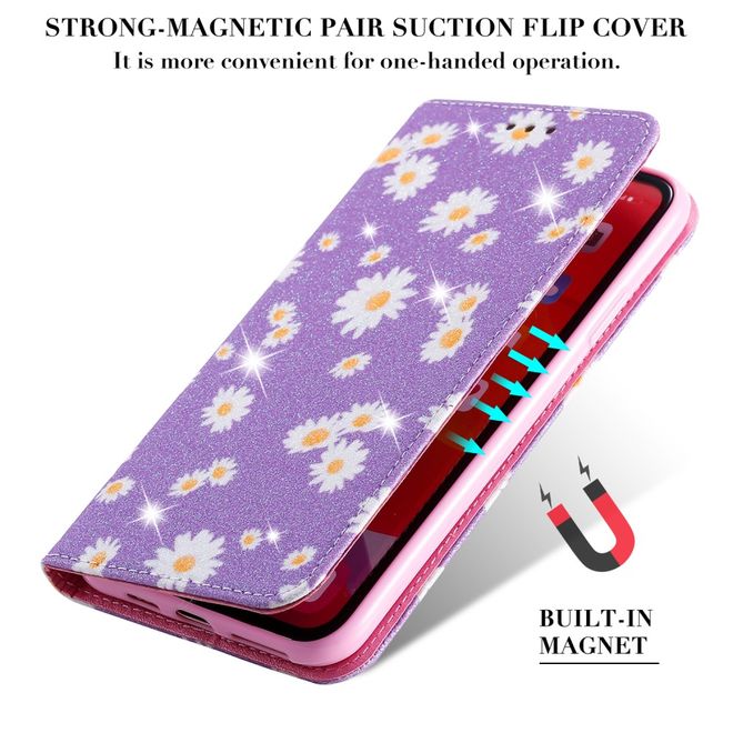 iPhone 11 Pro Max Case - Glittering Leather Book Cover with Flowers - Purple