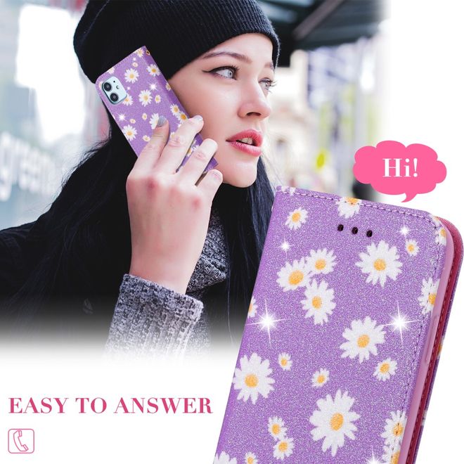 iPhone 11 Pro Max Case - Glittering Leather Book Cover with Flowers - Purple