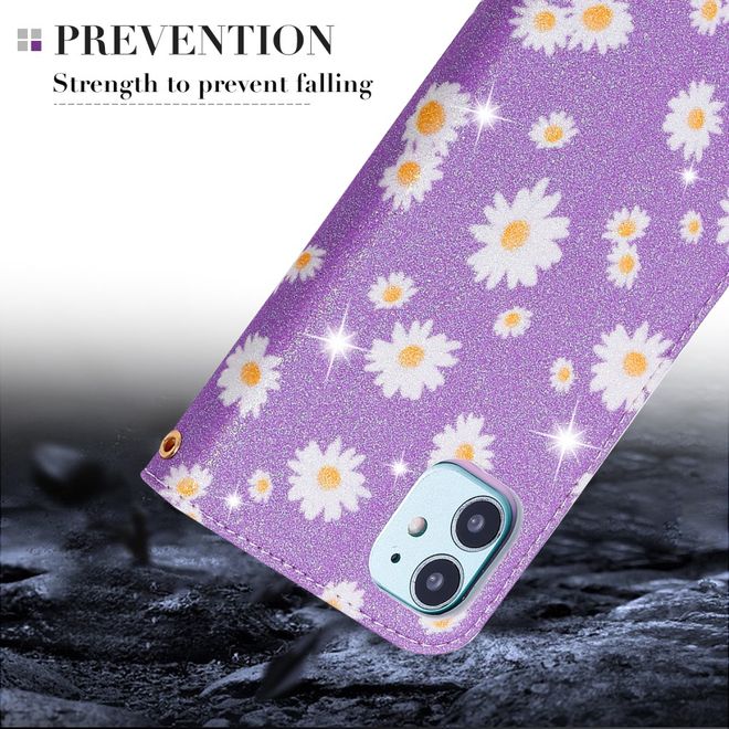 iPhone 11 Pro Max Case - Glittering Leather Book Cover with Flowers - Purple