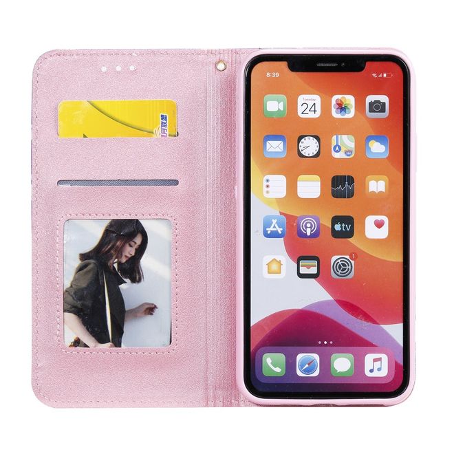 iPhone 11 Pro Max Case - Glittering Leather Book Cover with Flowers - Purple