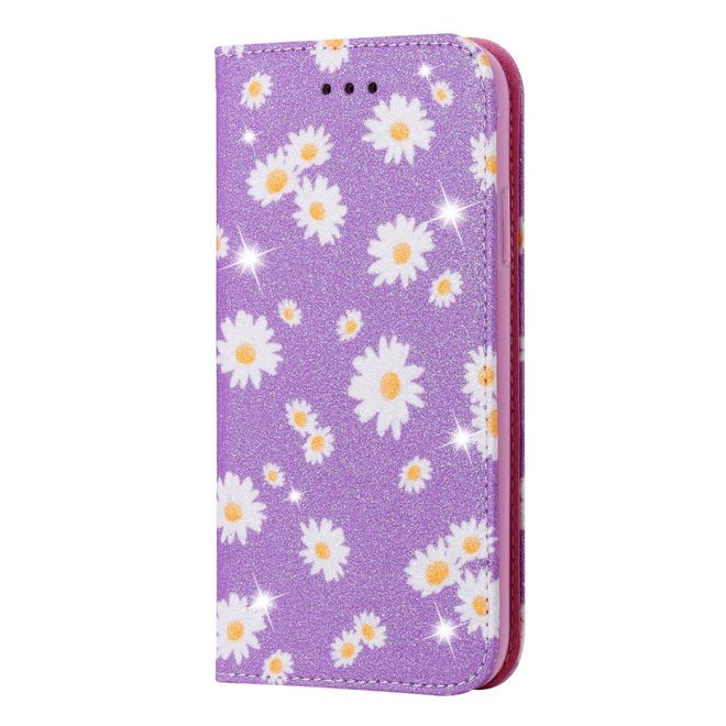 iPhone 11 Pro Max Case - Glittering Leather Book Cover with Flowers - Purple