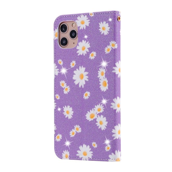 iPhone 11 Pro Max Case - Glittering Leather Book Cover with Flowers - Purple