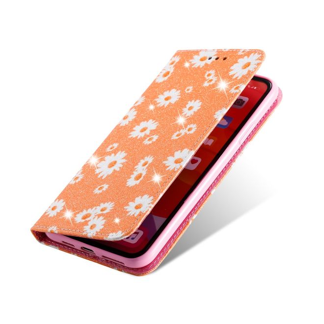 Étui pour iPhone 11 Pro Max - Couverture livre en cuir pailleté à fleurs - Orange