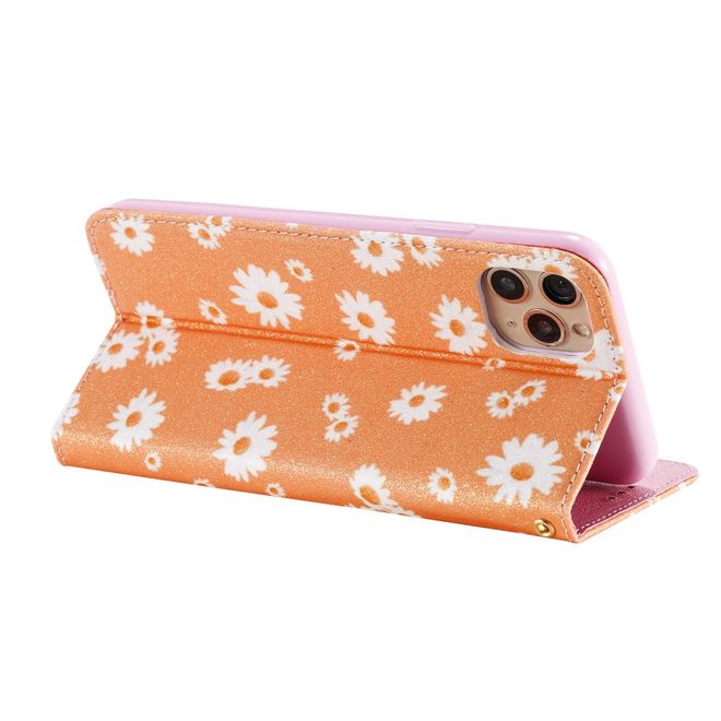 Étui pour iPhone 11 Pro Max - Couverture livre en cuir pailleté à fleurs - Orange