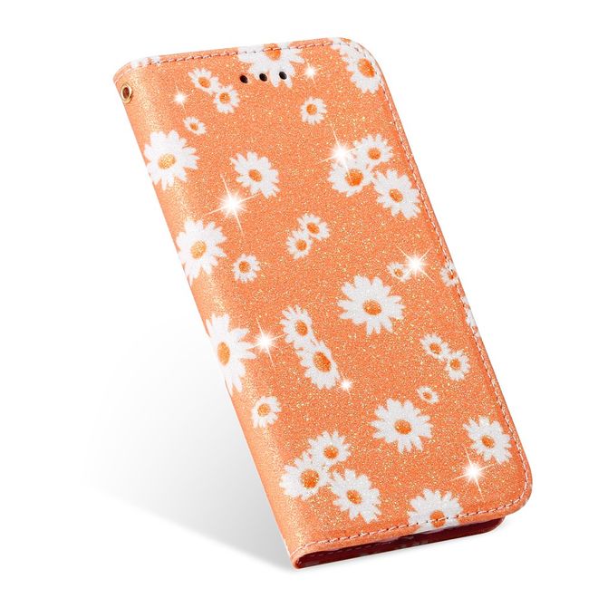 Étui pour iPhone 11 Pro Max - Couverture livre en cuir pailleté à fleurs - Orange