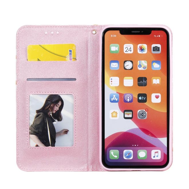 Étui pour iPhone 11 Pro Max - Couverture livre en cuir pailleté à fleurs - Rose