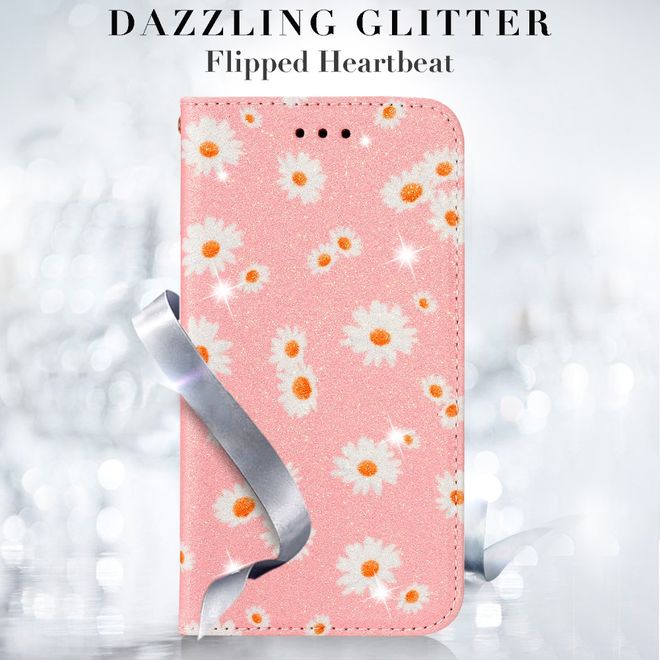 Étui pour iPhone 11 Pro Max - Couverture livre en cuir pailleté à fleurs - Rose