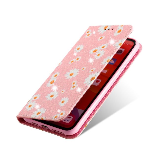 Étui pour iPhone 11 Pro Max - Couverture livre en cuir pailleté à fleurs - Rose