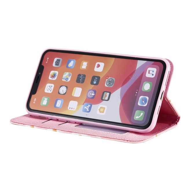 Étui pour iPhone 11 Pro Max - Couverture livre en cuir pailleté à fleurs - Rose