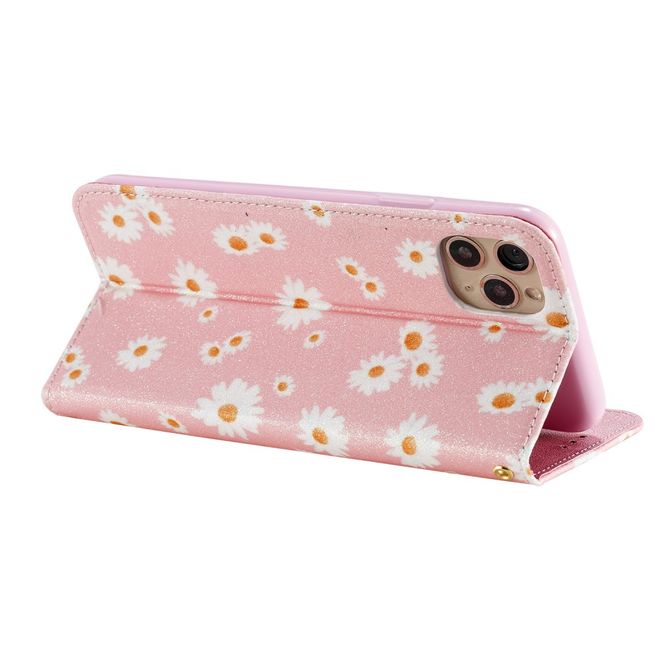 Étui pour iPhone 11 Pro Max - Couverture livre en cuir pailleté à fleurs - Rose